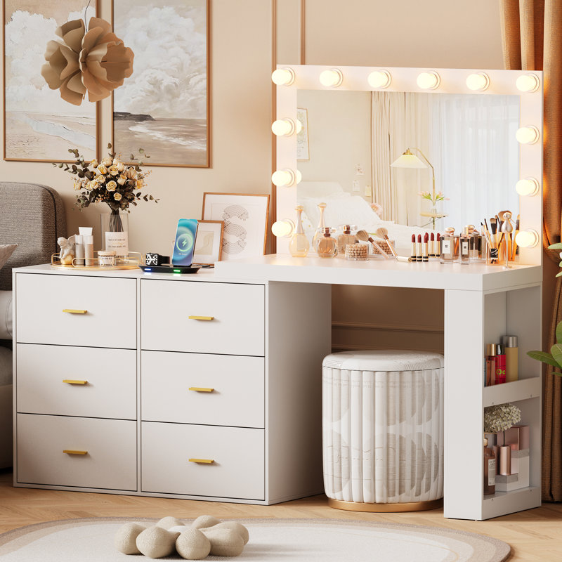 Makeup Vanity Desk with Mirror and 3-Colour Lights,6 Drawers Vanity Table with Charging Station, White