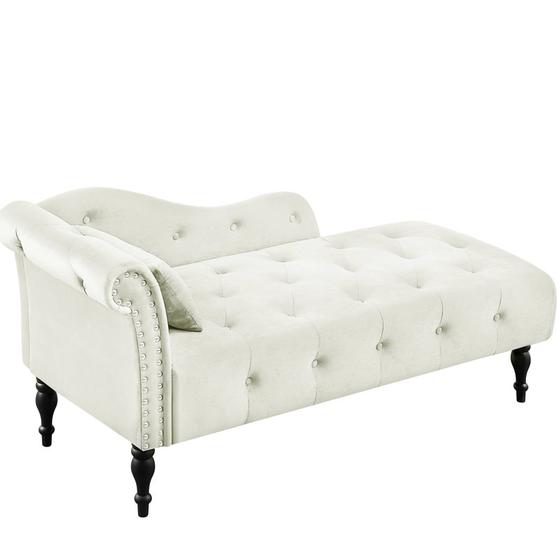 Méridienne en velours blanc avec boutons artistiques, garniture cloutée, pieds et coussin en bois massif, Beige