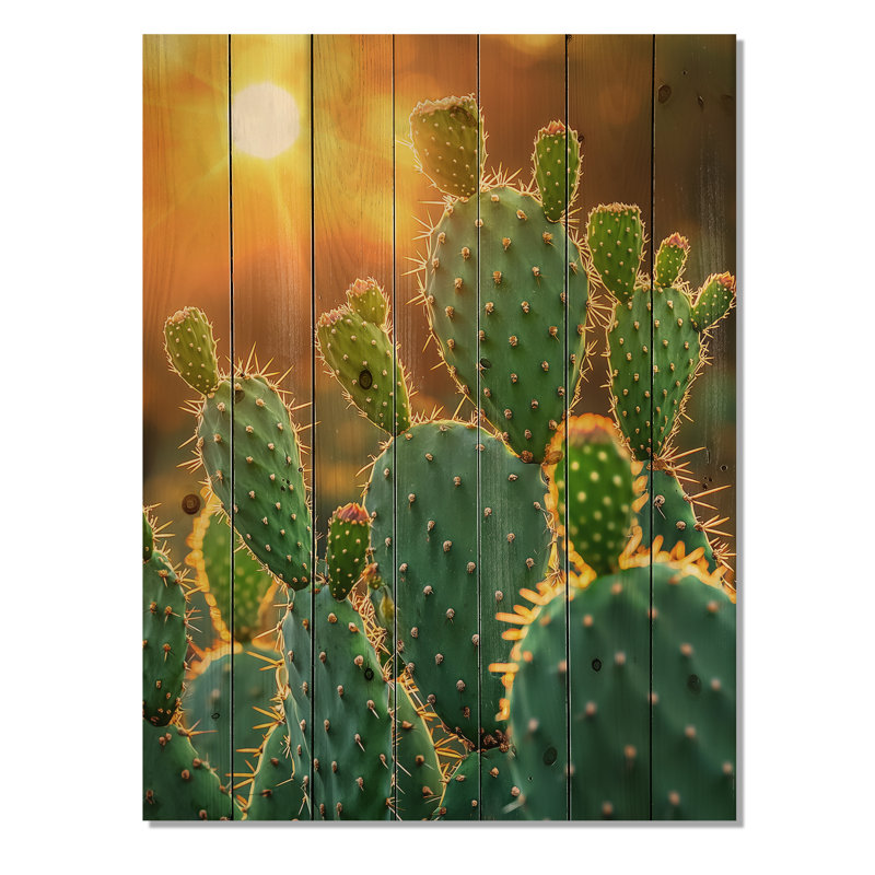 Cactus au coucher du soleil - Décoration murale en bois de cactus floral - sur bois de pin naturel, H 20 po x l 10 po