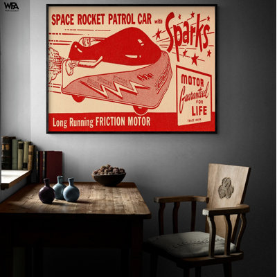 Space Rocket Patrol Car By Retrotrans, Red Rocket Poster, Vintage Toy Store Wall Art, Cool Gift For Grandpa Studio Artwork Idea