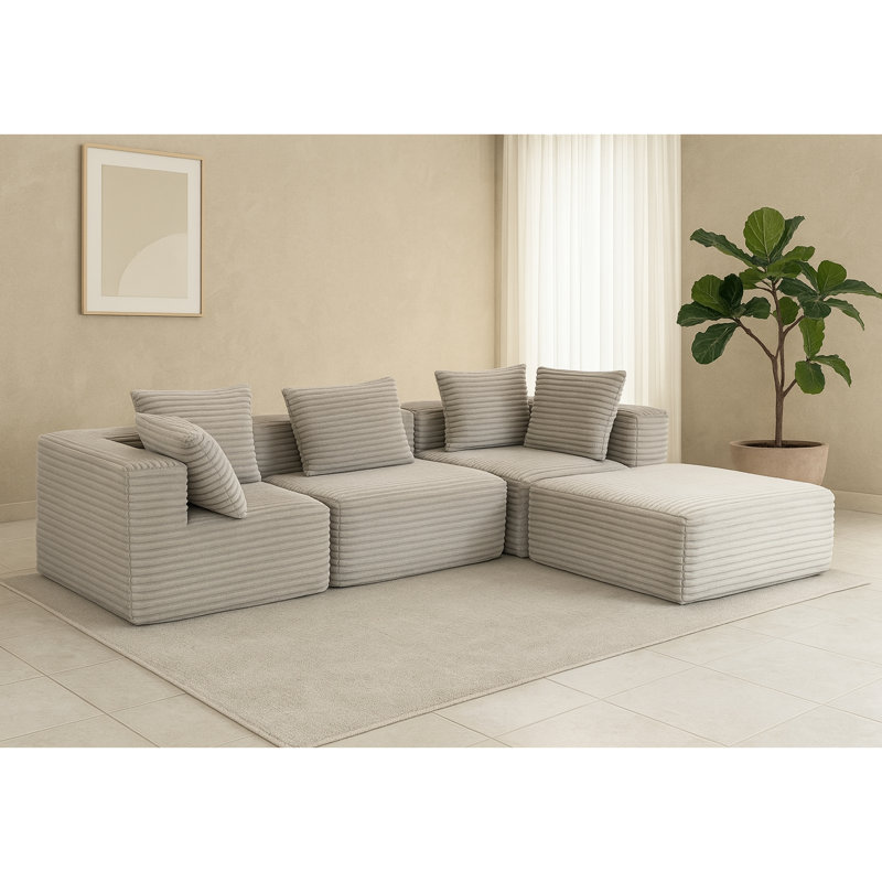 Velours côtelé gris fumé à 4 places avec rembourrage en mousse, sans assemblage, modulable pour un siège polyvalent, gris, compressé, velours côtelé, modulaire modulaire, modulaire pour salon