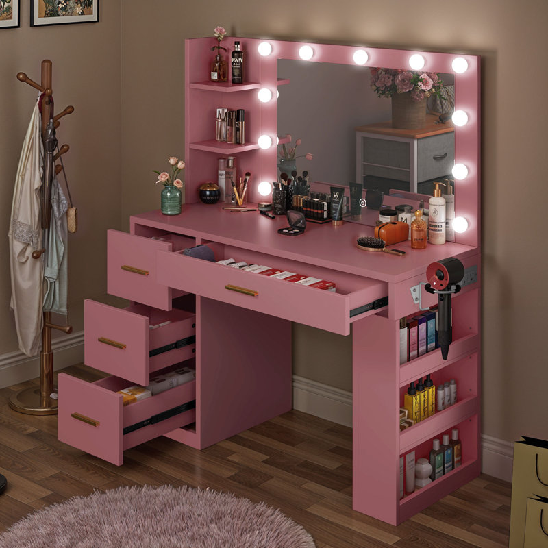 Vanity Desk Pink Makeup Table LED Lighted Mirror 4 Drawers with 6 Storage Shelves & USB Power Outlets