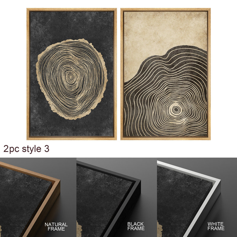 3 anneaux d'arbre en bois brun et gris, œuvres d'art sur lignes géométriques modernes, H 24 po x l 32 po, Cadre flottant noir