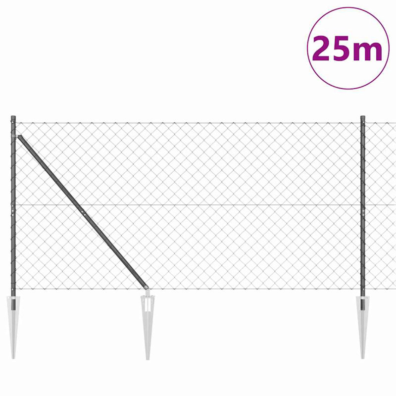 Vidaxl Chain Link Fence With Posts Steel, Grey, 120cm H x 2500cm W x 3.2cm D