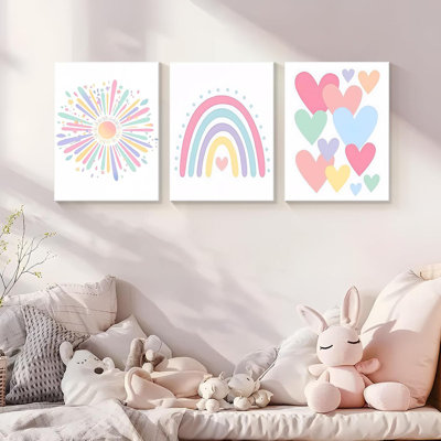 3 pièces de décoration pour chambre d'enfant en bas âge, décoration murale arc-en-ciel pour chambre de fille, peintures colorées Boho Sunshine pour décor de chambre de bébé, décoration murale de chambre d'enfant, décoration de salle de classe 16 x 24 po