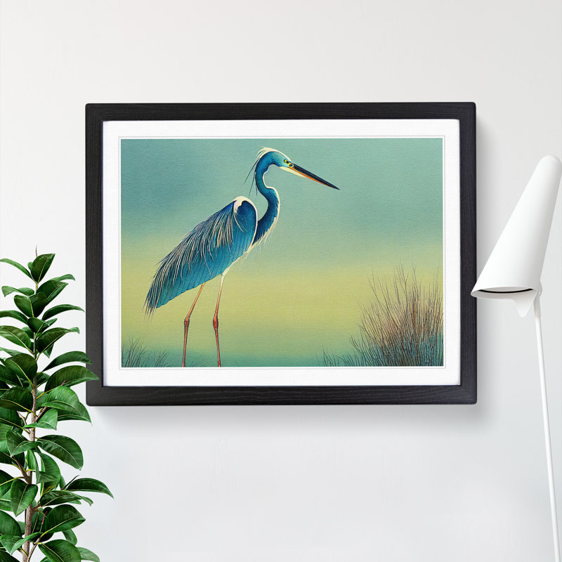 Watercolour Heron Bird Vol.2 - Single Picture Frame Painting, Black, 46cm H x 64cm W x 2cm D