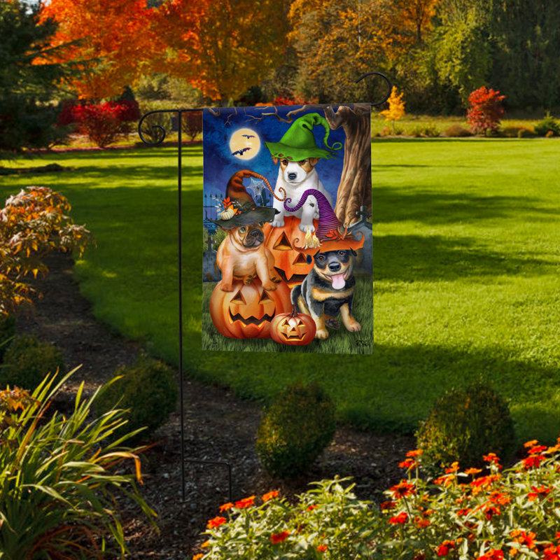 Drapeau de jardin Spooky Pups, Orange / noir / brun / vert