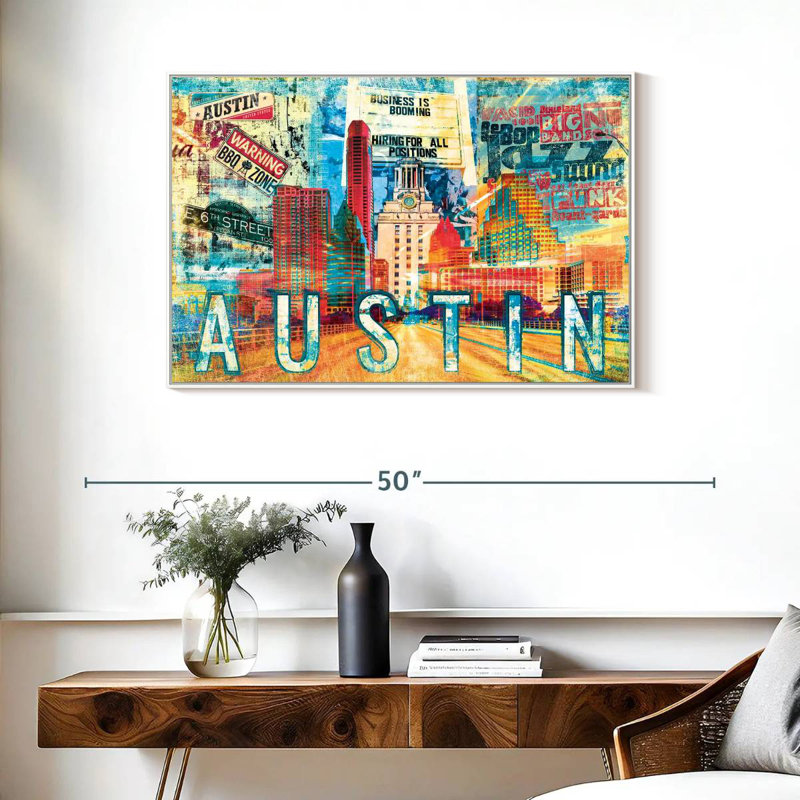 Road to Austin City Grunge, Cadre flottant blanc, 37 po x 25 po