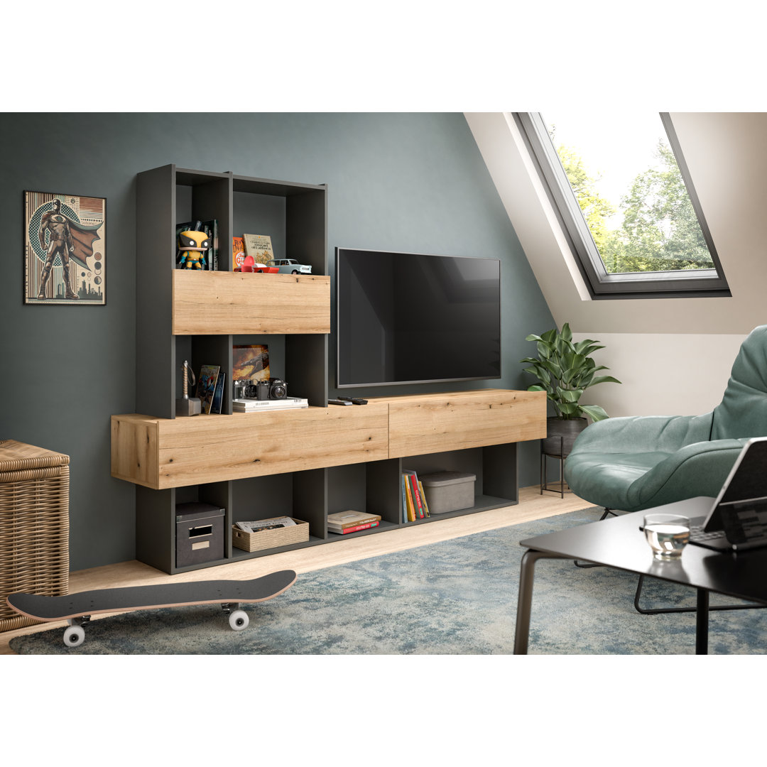 TV-Schrank (B/H/T): 147 x 38 cm in grauer Nachbildung und Evoke-Eiche