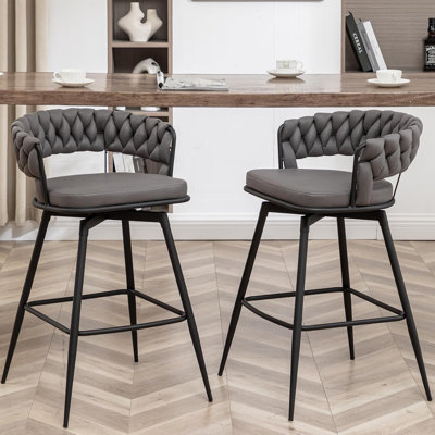 Counter Height Bar Stools Set of 2, 26 inch Modern Bar Chairs with Woven Back, 360° Swivel Bar Stools for Kitchen Island, Cafe, Pub