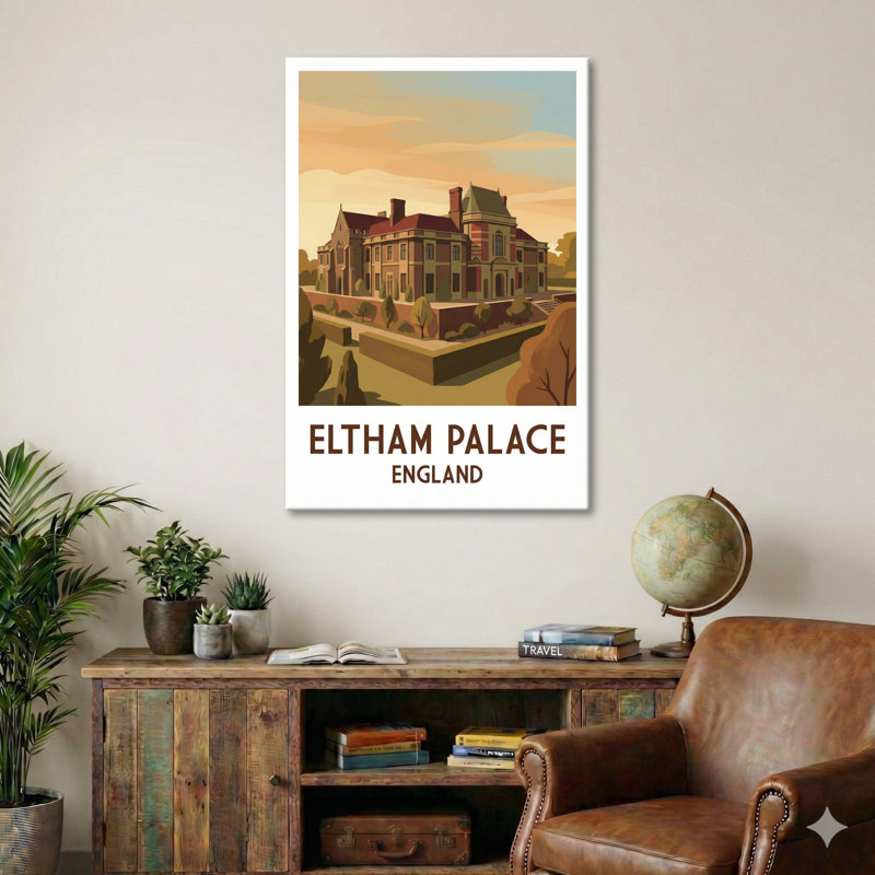 Eltham Palace, England - Romantic Travel Poster Celebrating Tudor Grandeur And Art Deco Charm. Giclee Print On Wrapped Canvas. Wall Art, Home Decor - Castles & Palaces, England - Wrapped Canvas Print