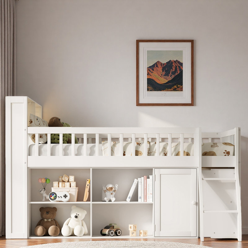 Space-saving Loft Bed With Storage Shelves, Headboard With Led Light, Full, White