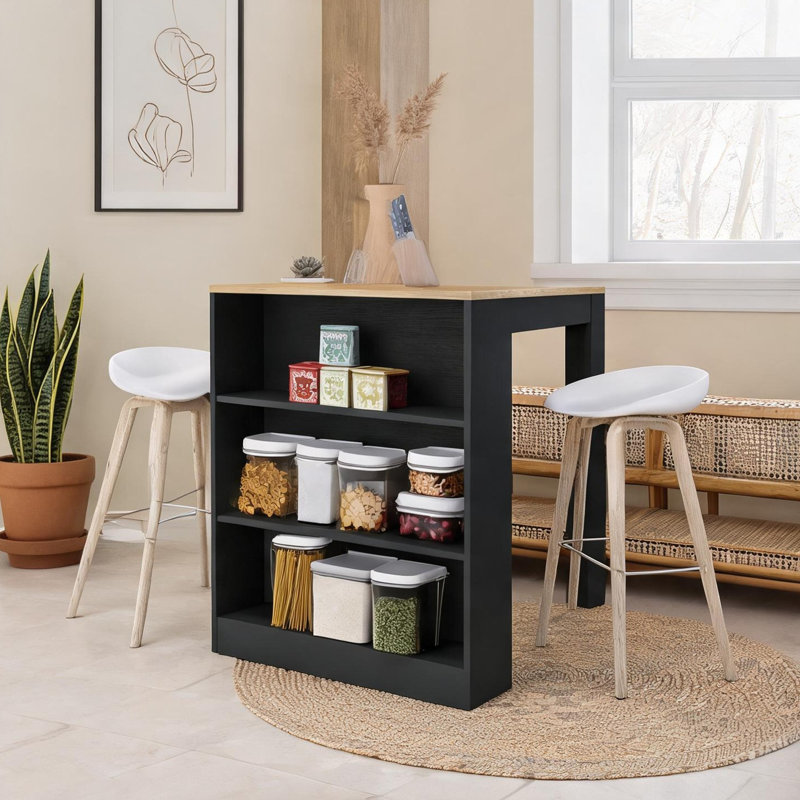 Square Counter-Height Dining Table with Open Shelves, Black and Brown Particle Board, 36.2-Inch, Seats 4