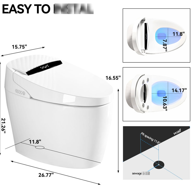 Smart Toilet With Seat Temperature Control, Auto Open/Close Seat, And Remote Control - Siphonic Flushing, Battery Backup, Bidet Washing Intelligent Built In Bidet, Instant Warm Water, Air Drying,