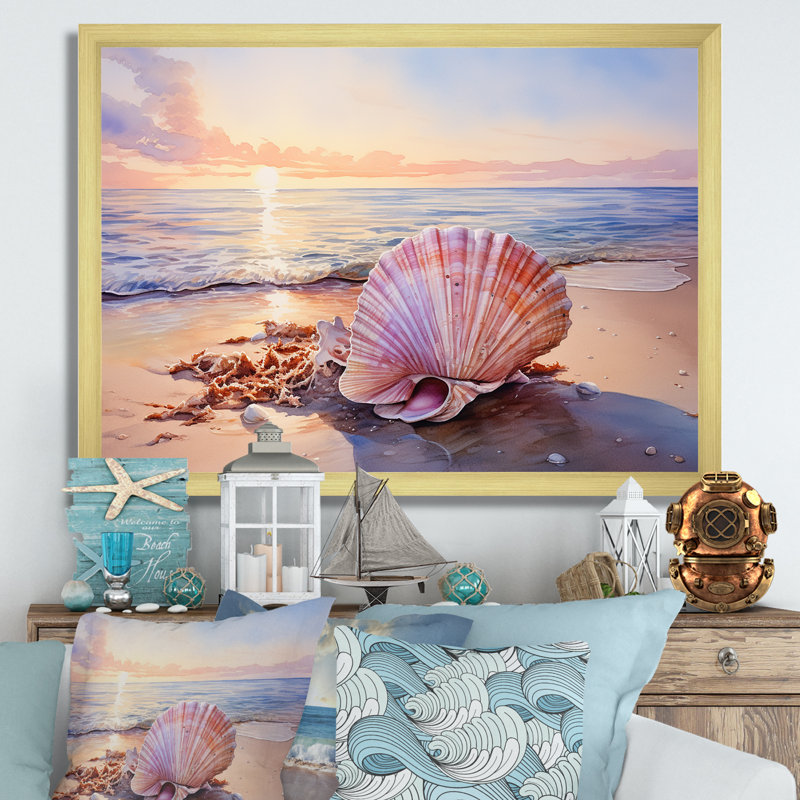 Coastal Treasures Sunset Seashell II - plage, art mural, Cadre doré à coins fermés, H 16 po x l 32 po x P 1 po