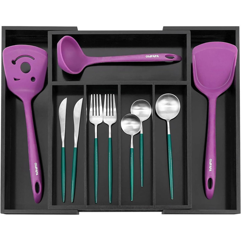 Bamboo Cutlery Drawer Organiser 5-7 Compartment Expandable Cutlery Tray Black