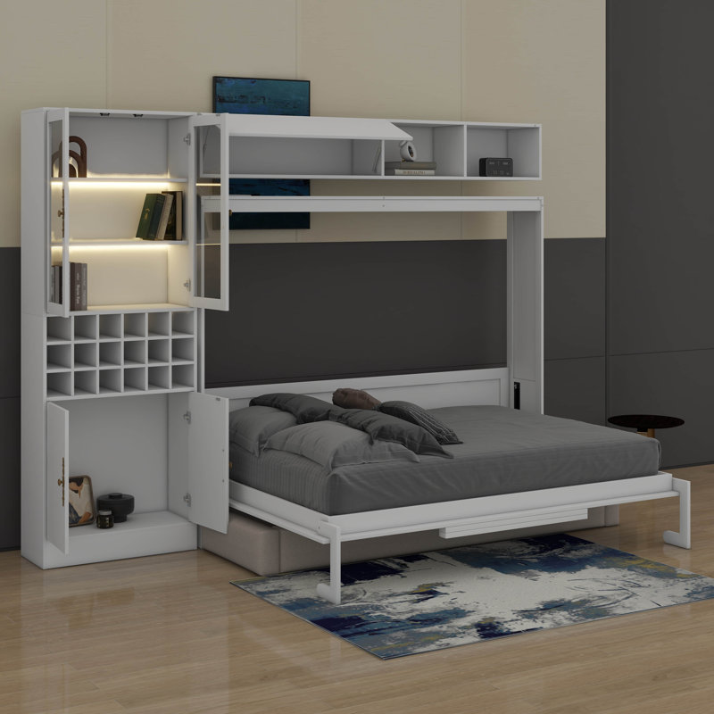 Lit escamotable double avec canapé, port USB, tablettes et lumière, Blanc, Double