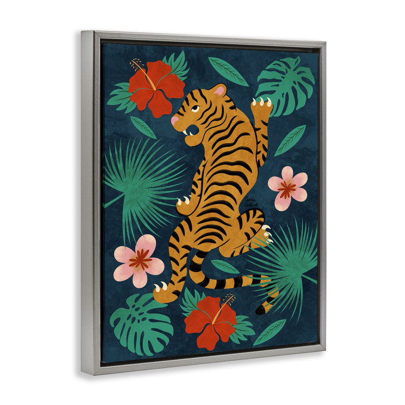 Art mural sur toile, "Les tigres grimpants" par Carrie Cantwell, H 31 po x l 25 po, Cadre flottant gris lustré