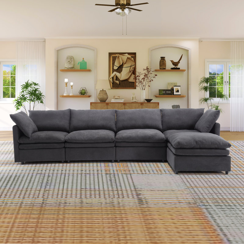 Merchelle 130"W Modular Setional, RAF, LAF, Sofa Set, Dark Gray Polyester