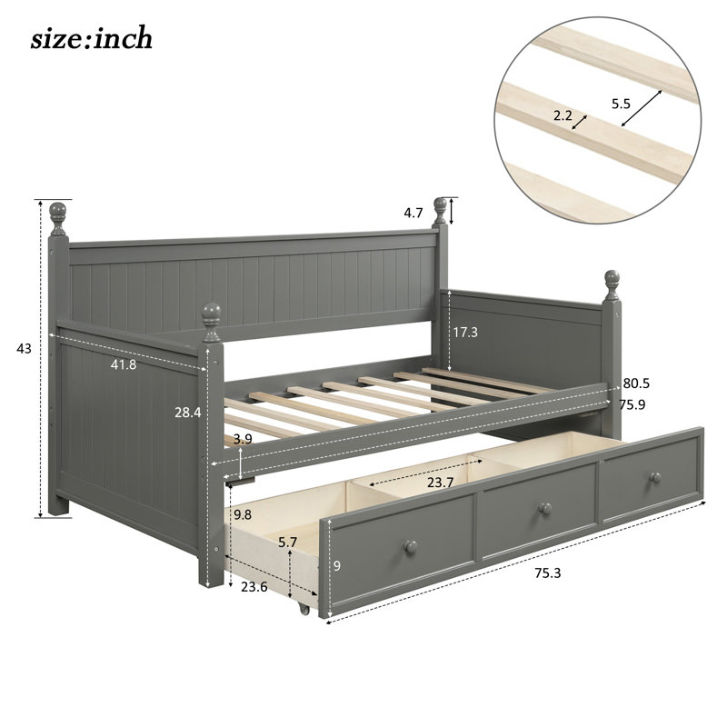 Stylish And Functional Twin Size Daybed With Storage Drawers In Gray