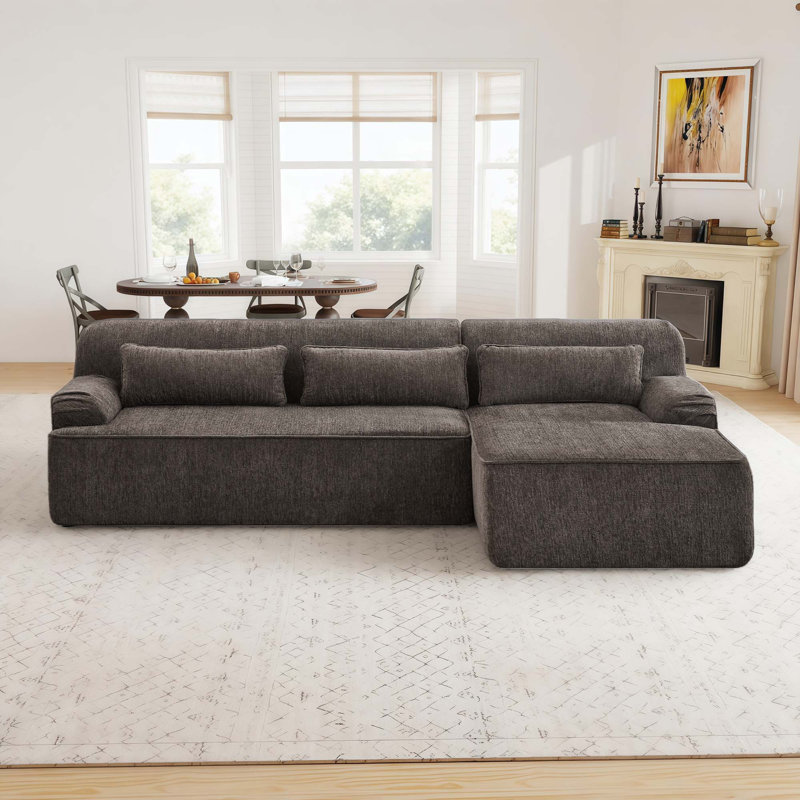 Canapé en chenille de 102 pouces, canapé luxueux en forme de L, simple et élégant, aucune installation requise, Chenille brun
