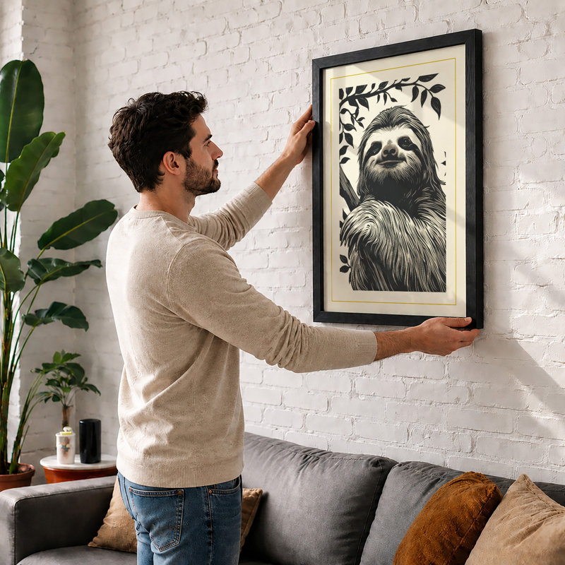 Sloth Among Leaves Boho - Framed Print, A1 - 84.1 x 59.4 cm, Oak