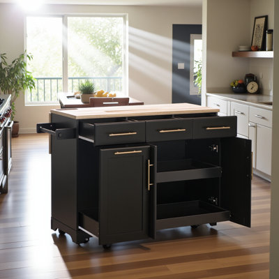 Îlot de cuisine 59,3 po avec rangement 2 armoires coulissantes et abattant en bois d'hévéa, îlot de cuisine roulant avec rangement pour poubelle, prise de courant, support à épices et à serviettes pour la cuisine, la salle à manger, noir