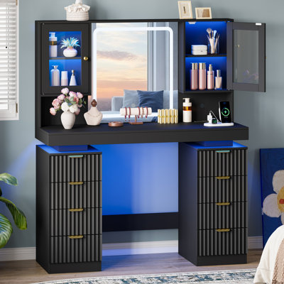 Coiffeuse de 115 cm de large avec miroir DEL, station de recharge, 8 tiroirs et 2 armoires vitrées, table de maquillage avec rangement pour chambre à coucher