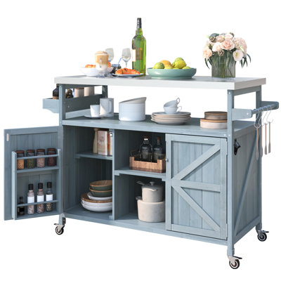 Luxury Outdoor Grill Table With Removable Handles & Internal Storage Classic Kitchen Cart: Stainless Steel Wood. Modular Design. 4 Lockable . Grey Blue. Towel Bottle Opener