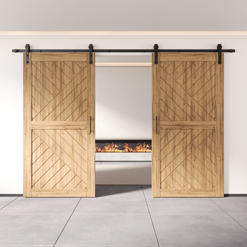 Homacer Porte de grange double 8 en 1, design géométrique, 76 cm x 203 cm, avec trousse de quincaillerie d'installation sans contournement, rail de 3,35 m, usage intérieur seulement