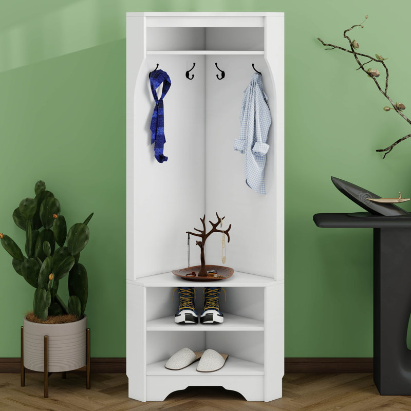 Arbre d'entrée tout en un, arbre d'entrée d'angle avec banc à chaussures, armoire d'angle avec tablette réglable et 4 crochets