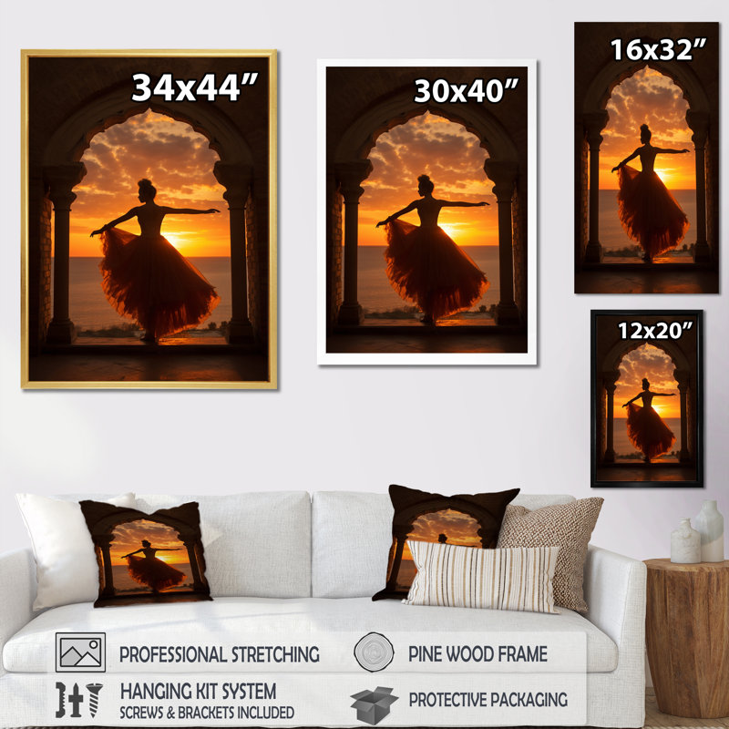 «Elegant Dancing Sunset Silhouette I», reproduction sur toile, H 20 po x l 12 po x P 1 po, Cadre simple blanc