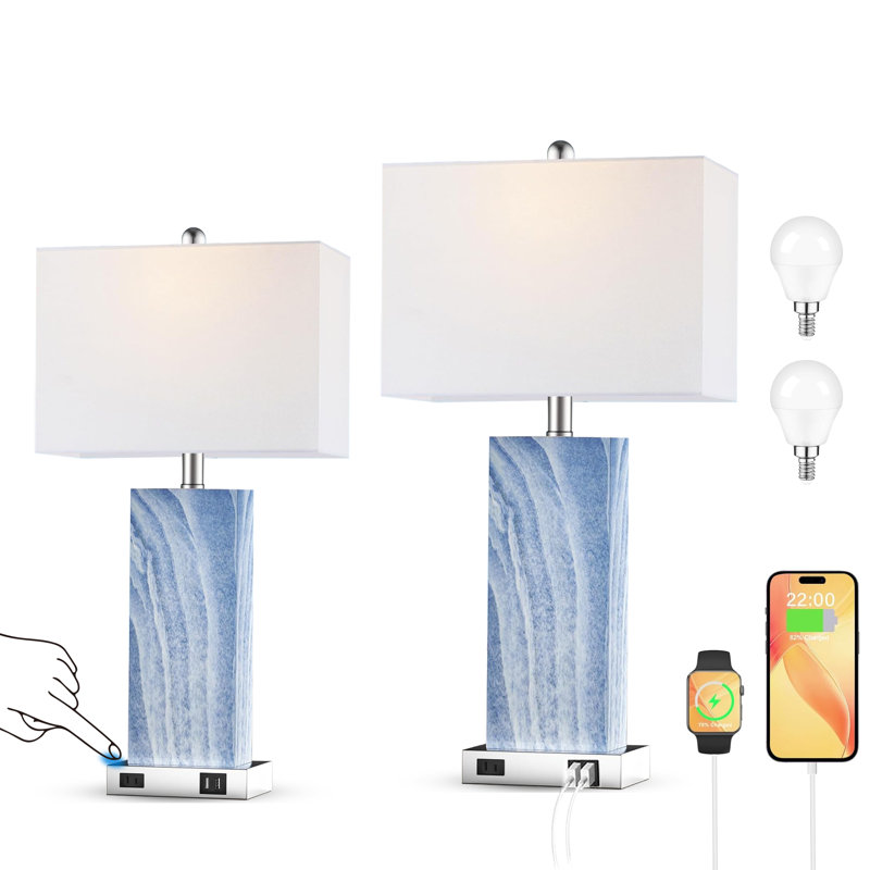 Table Lamp Set With Touch Control, Led Bulbs, Usb Ports