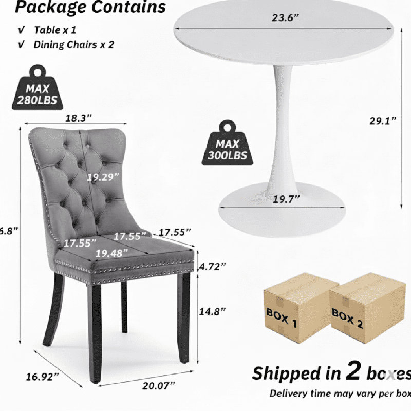 Round Dining Table Sets with 2 chairs, White, Light Gray/Silver