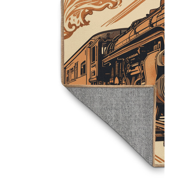 Machine Washable Mendon Steam Locomotive Train Vintage Vintage Look Rug in Black – LightBrown Binding, 4x6