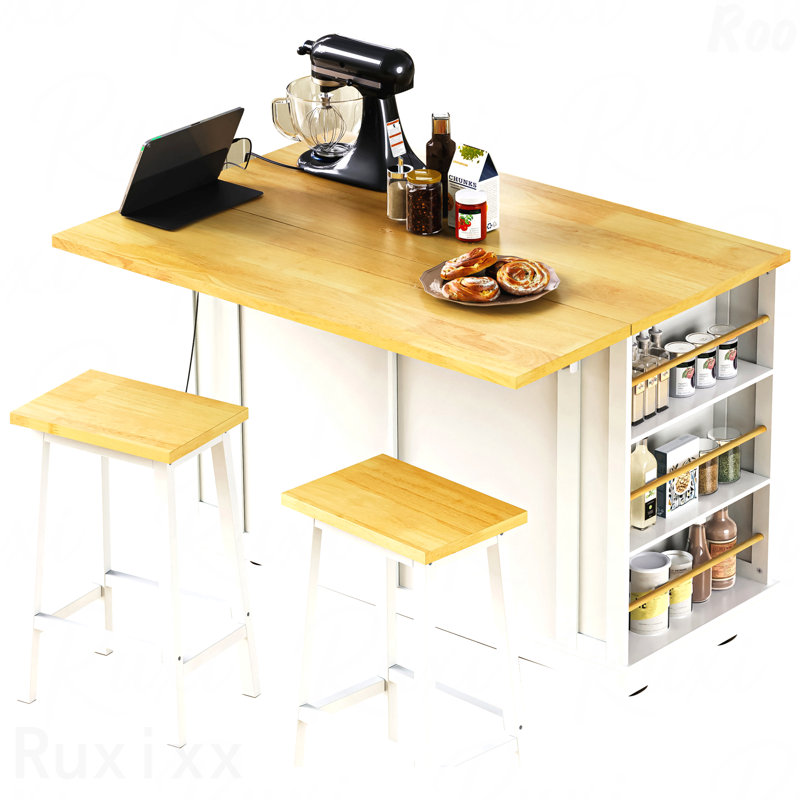 48Inch Large Kitchen Island With 2 Bar Stools, Power Outlet, Door Internal Storage Rack, Kitchen Storage Cart On 5 Wheels With Drop Leaf, 5 Open Side Racks, 2 Drawers (Three Packages)