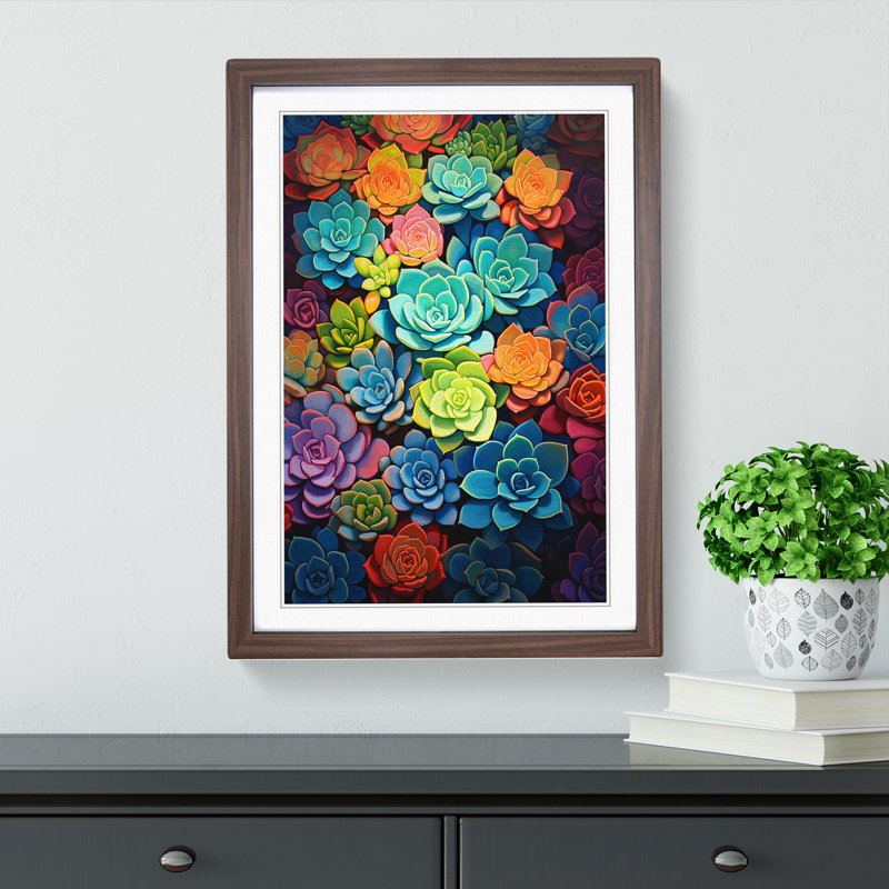 Succulent Modern - Single Picture Frame Print on Wood, 64cm H x 46cm W x 2cm D, Walnut