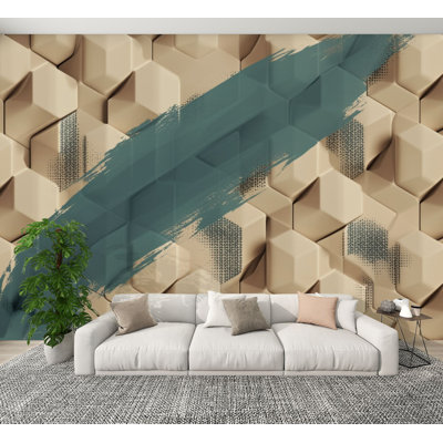 Papier peint adhésif futuriste à motif géométrique abstrait 3D Cubes beiges à motif sarcelle brossé sarcelle H 100 po x l 144 po Papier mural amovible en PVC auto-adhésif pour le salon de la chambre Bureau à domicile