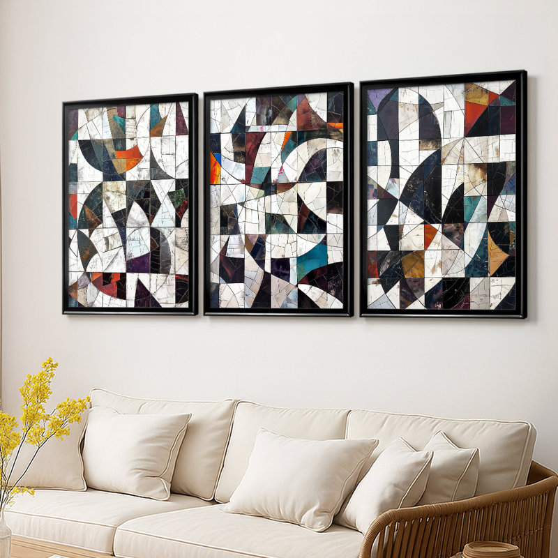 ABSTRACT Series LXI  -Custom Framed  Wrapped Gallery Canvas - 3 Pieces, Black, 19" H x 27" W