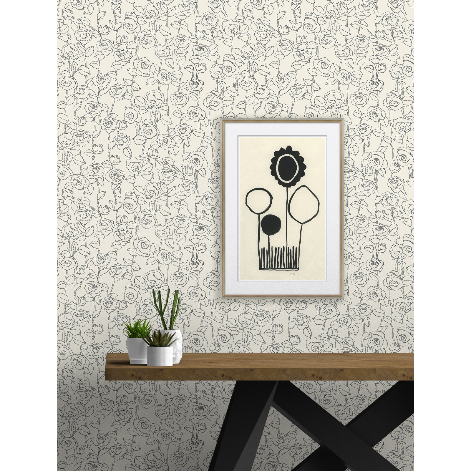 Everett Mid-Century Floral Wallpaper, Black/Cream