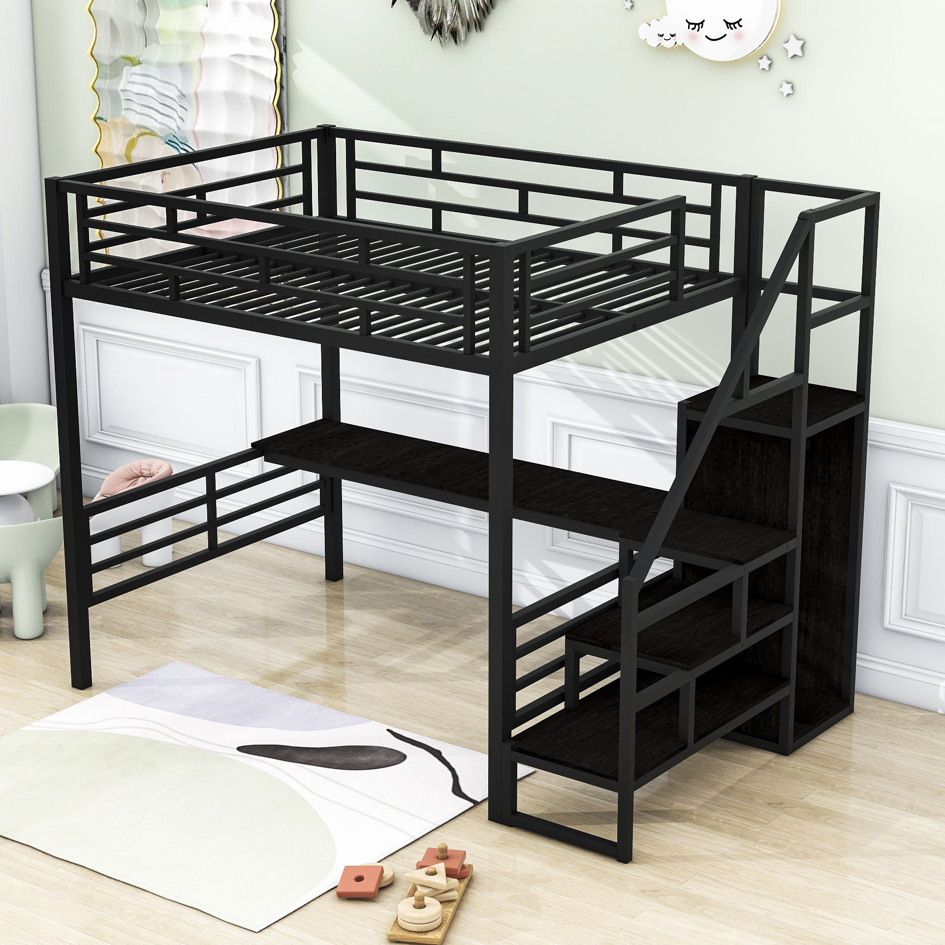 Mason & Marbles Laci Full Size Metal Loft Bed with Desk,Stair and