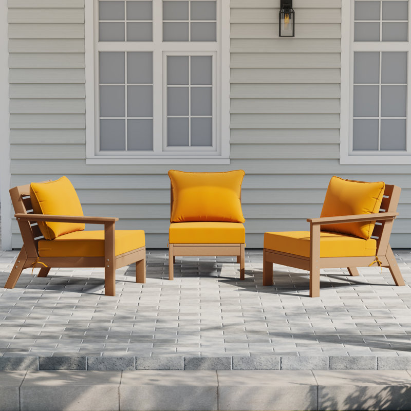 3-Piece Deep Seating Set With Cushions, Yellow, Teak