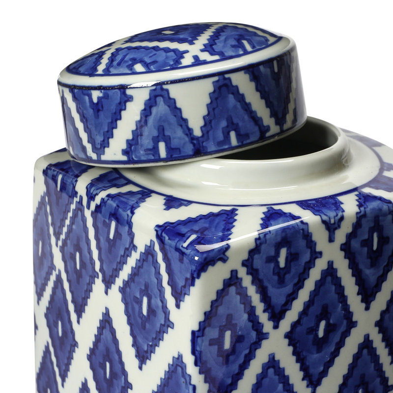 Blue and White Ceramic Diamond Pattern Ginger Jar with Lid