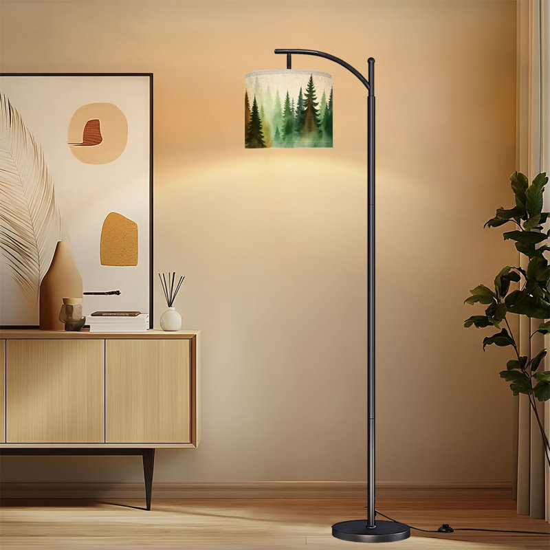 Lampe sur pied à arc avec abat-jour réglable Misty Forest Evergreen Trees Aquarelle Paysage Lampe sur pied 3 températures de couleur à intensité variable pour lampe
