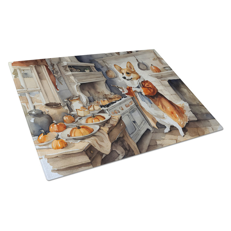 Corgi Fall Kitchen Pumpkins Glass Cutting Board Large