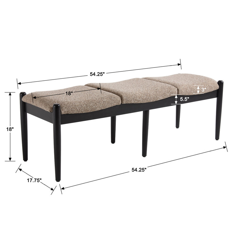 3-Person Upholstered Bench With Solid Wood Frame, Framhouse Bench For Bedroom/End Of Bed/Entryway, Linen, Khaki/Black