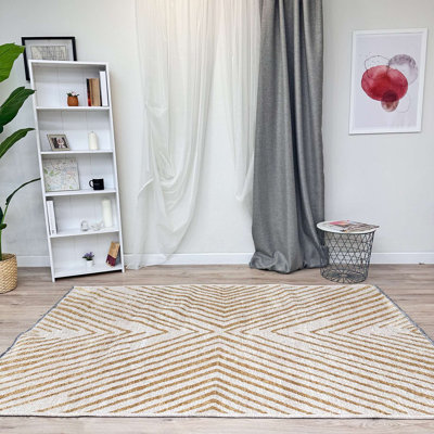 Alfa Rich Roemer Geometric Gold & Cream Washable Woven Cotton Area Rugs for Living Room Bedroom