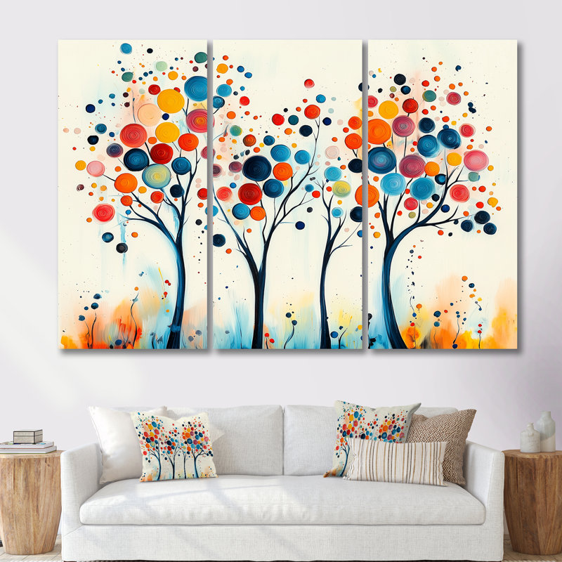 5 saisons orange et bleu arbre reflets II - ensemble abstrait d'art mural Mid-Century, Toile tendue