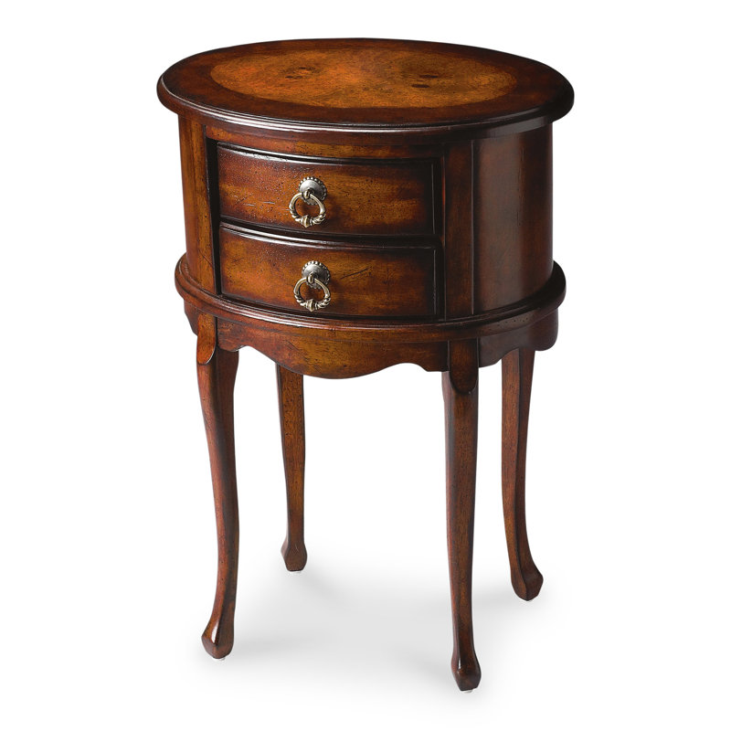 Table de bout ovale 26 po en bois manufacturé brun foncé et cerisier avec deux tiroirs