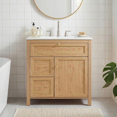 Meuble-lavabo 30 po avec lavabo, meuble-lavabo autoportant en bois avec tiroir rabattable, 2 tiroirs à fermeture en douceur et 1 porte à fermeture en douceur